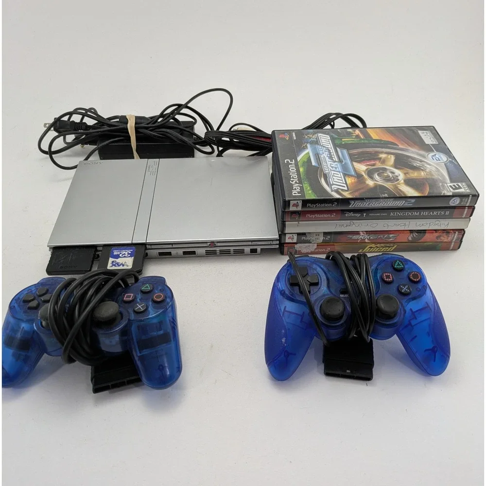 Sony PlayStation 2 Ps2 Slim SCPH-77001 Silver Console w/ 5 Games - All Tested